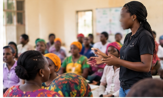 an image of  a careworker giving education to a lot of people